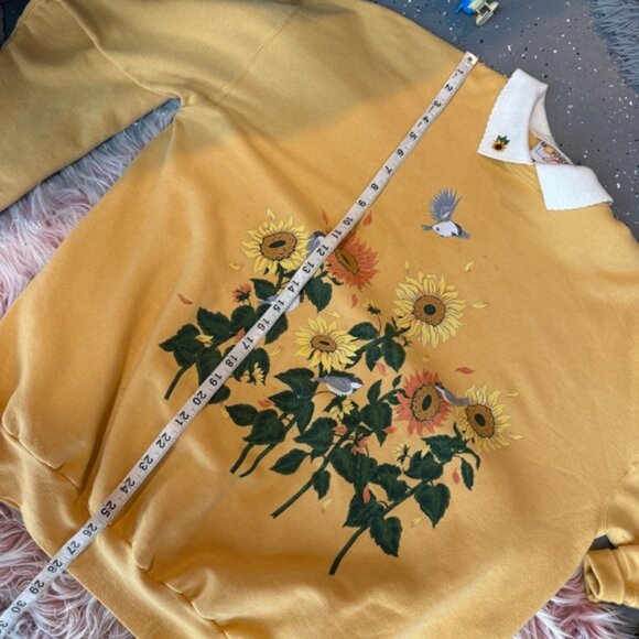 Vintage Morning Sun sunflower floral bird collared pullover sweatshirt - Picture 10 of 10